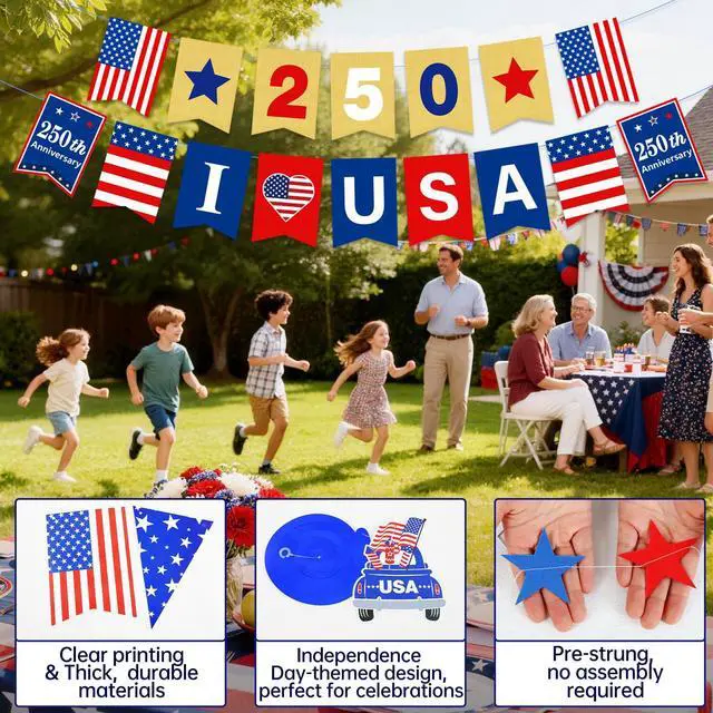 Alt view image 5 of 6 - 250th Anniversary Decorations 4th of July Decorations Including 250th Anniversary US Banner Star Garland 250 Banner Hanging Swirls