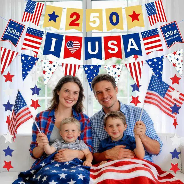 Alt view image 6 of 6 - 250th Anniversary Decorations 4th of July Decorations Including 250th Anniversary US Banner Star Garland 250 Banner Hanging Swirls