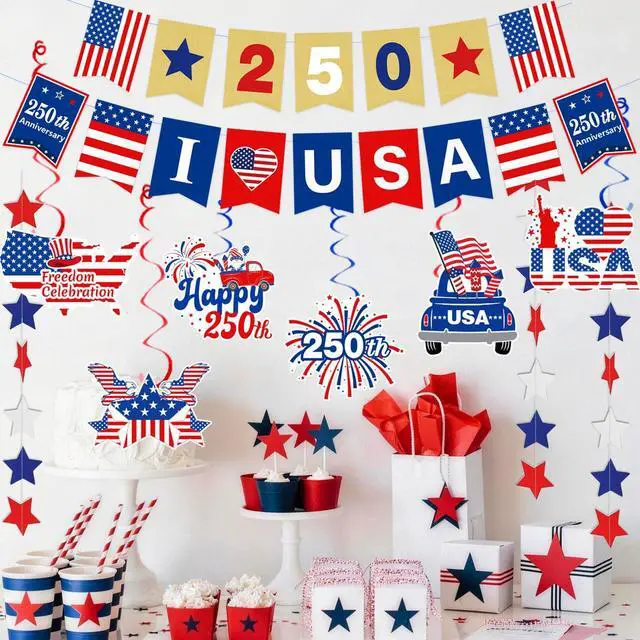 Alt view image 4 of 6 - 250th Anniversary Decorations 4th of July Decorations Including 250th Anniversary US Banner Star Garland 250 Banner Hanging Swirls