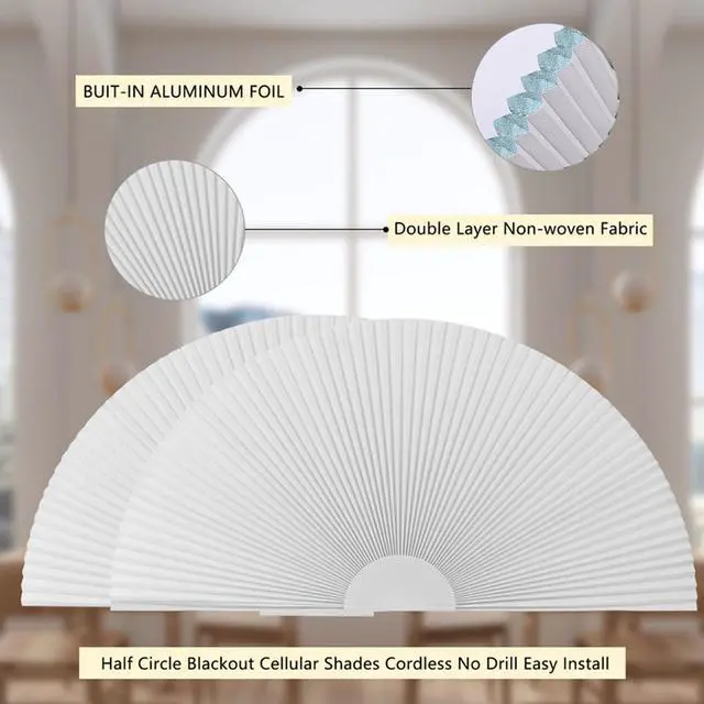 Alt view image 2 of 7 - Arch Window Shade Blackout Cellular Shades Half Circle Moon Window Covering No Drill Honeycomb Cordless Blinds for Indoor Window Room Darkening Easy Install Light Blocking Blinds (1, White, 36x18inch)