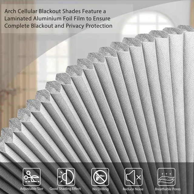 Alt view image 3 of 7 - Arch Window Shade Blackout Cellular Shades Half Circle Moon Window Covering No Drill Honeycomb Cordless Blinds for Indoor Window Room Darkening Easy Install Light Blocking Blinds (1, White, 36x18inch)