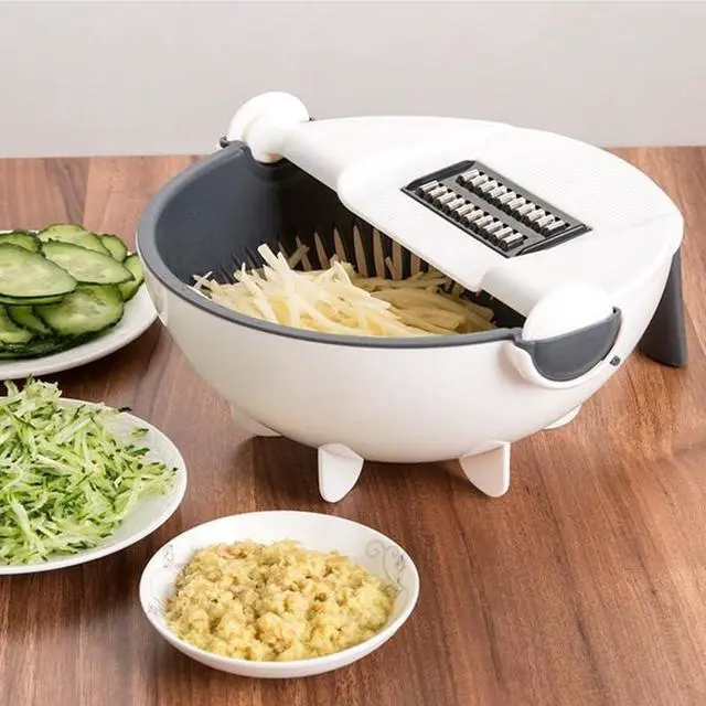 Alt view image 3 of 7 - Multifunctional Kitchen Veggie Fruit Shredder Grater Slicer Rotate 9 Item Vegetable Fruits Cutter Vegetable Chopper with Drain Basket Slicer Fruit Cutter