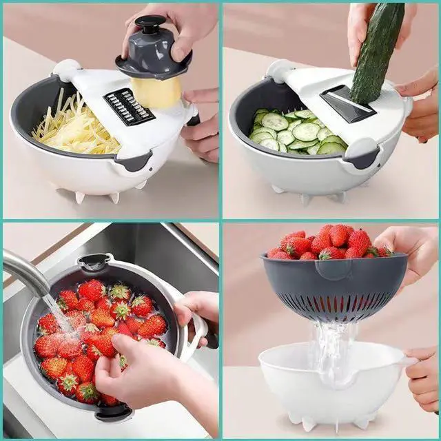 Alt view image 7 of 7 - Multifunctional Kitchen Veggie Fruit Shredder Grater Slicer Rotate 9 Item Vegetable Fruits Cutter Vegetable Chopper with Drain Basket Slicer Fruit Cutter