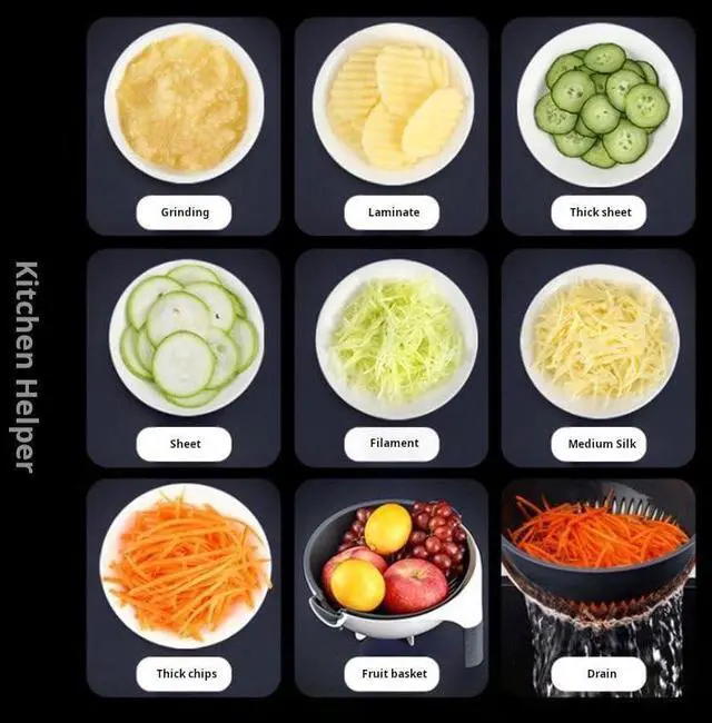 Alt view image 6 of 7 - Multifunctional Kitchen Veggie Fruit Shredder Grater Slicer Rotate 9 Item Vegetable Fruits Cutter Vegetable Chopper with Drain Basket Slicer Fruit Cutter