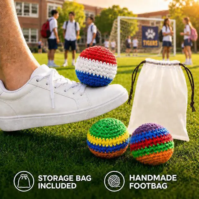 Alt view image 2 of 7 - 3 Pack Handmade Crocheted Footbags, Durable Knit Kick Bags, Soft Woven Juggling Balls for Coordination Training, Outdoor Play, Party Games and Stress Relief