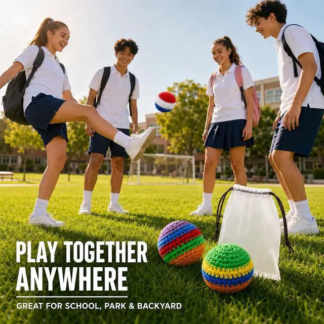Alt view image 6 of 7 - 3 Pack Handmade Crocheted Footbags, Durable Knit Kick Bags, Soft Woven Juggling Balls for Coordination Training, Outdoor Play, Party Games and Stress Relief