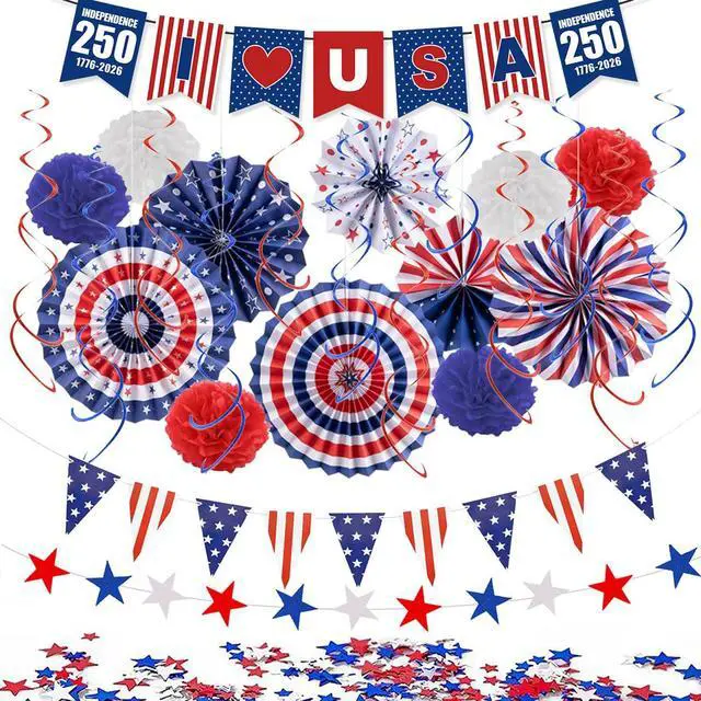 Main image of USA 250th Anniversary Decorations Set, 4th of July Decoration, Red White Blue Paper Fans in Patriotic Designs, 250 Years Garland Set for Independence Memorial Day Party Supplies Decor