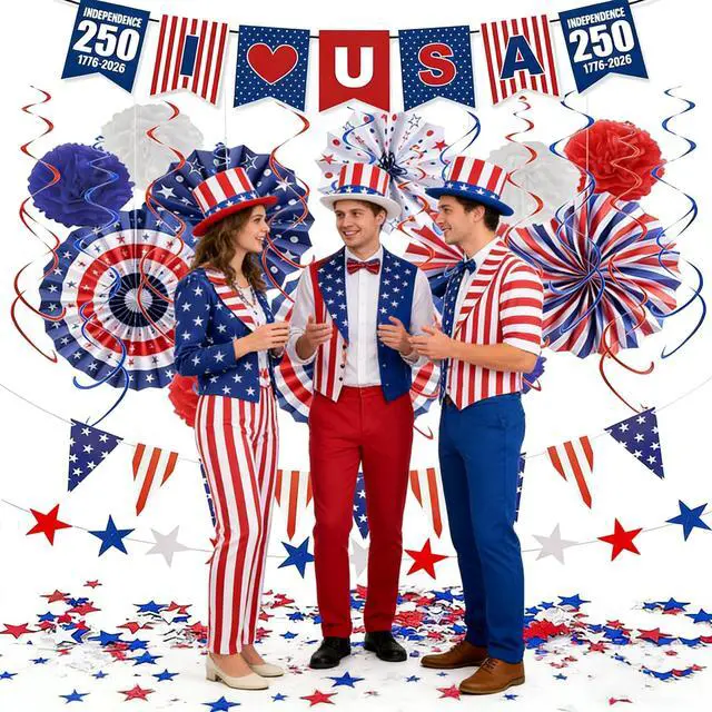 Alt view image 2 of 5 - USA 250th Anniversary Decorations Set, 4th of July Decoration, Red White Blue Paper Fans in Patriotic Designs, 250 Years Garland Set for Independence Memorial Day Party Supplies Decor