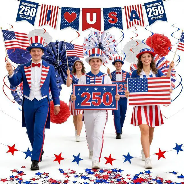 Alt view image 5 of 5 - USA 250th Anniversary Decorations Set, 4th of July Decoration, Red White Blue Paper Fans in Patriotic Designs, 250 Years Garland Set for Independence Memorial Day Party Supplies Decor