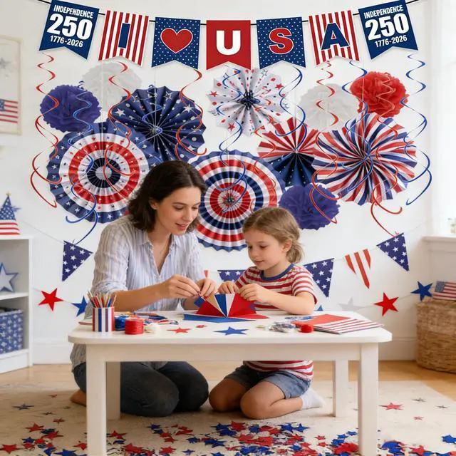 Alt view image 3 of 5 - USA 250th Anniversary Decorations Set, 4th of July Decoration, Red White Blue Paper Fans in Patriotic Designs, 250 Years Garland Set for Independence Memorial Day Party Supplies Decor