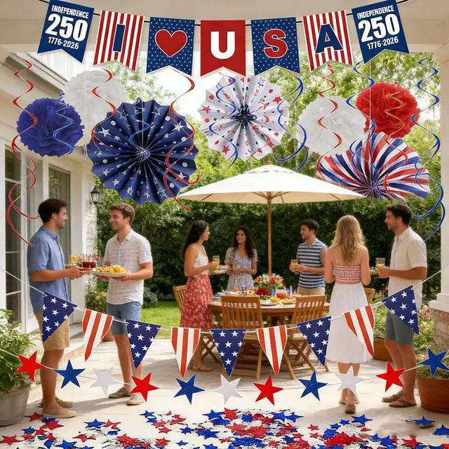 Alt view image 4 of 5 - USA 250th Anniversary Decorations Set, 4th of July Decoration, Red White Blue Paper Fans in Patriotic Designs, 250 Years Garland Set for Independence Memorial Day Party Supplies Decor