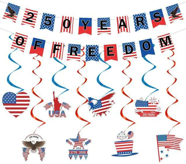 Main image of 250 Anniversary party Decorations - 10 pcs 250 Years of Freedom Banner Hanging Swirls Decorations, Red White and Blue Fourth of July USA Party Decor Supplies