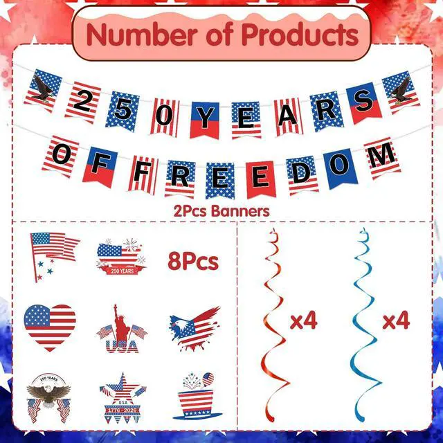 Alt view image 3 of 6 - 250 Anniversary party Decorations - 10 pcs 250 Years of Freedom Banner Hanging Swirls Decorations, Red White and Blue Fourth of July USA Party Decor Supplies