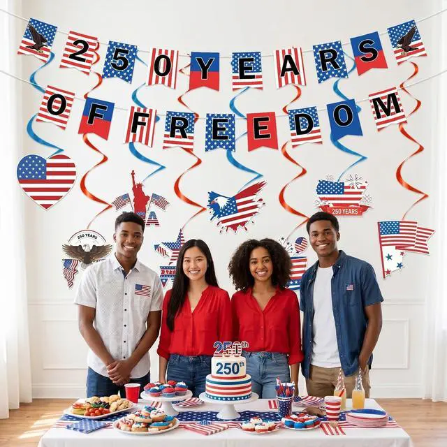Alt view image 5 of 6 - 250 Anniversary party Decorations - 10 pcs 250 Years of Freedom Banner Hanging Swirls Decorations, Red White and Blue Fourth of July USA Party Decor Supplies