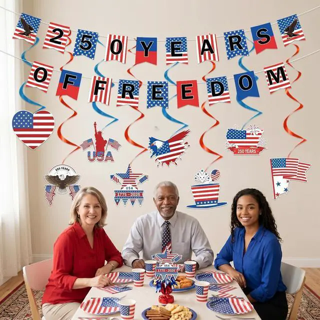 Alt view image 6 of 6 - 250 Anniversary party Decorations - 10 pcs 250 Years of Freedom Banner Hanging Swirls Decorations, Red White and Blue Fourth of July USA Party Decor Supplies