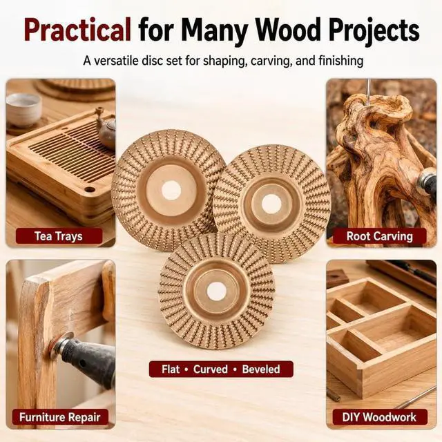 Alt view image 4 of 7 - 3PCS Angle Grinder Polishing Pad, Wood Grinding Wheel Arc/Flat/Bevel, Heavy-Duty Wood Carving Disc Set, Tungstens Carbide Wheel Cuts Wood for Polishing Buffing