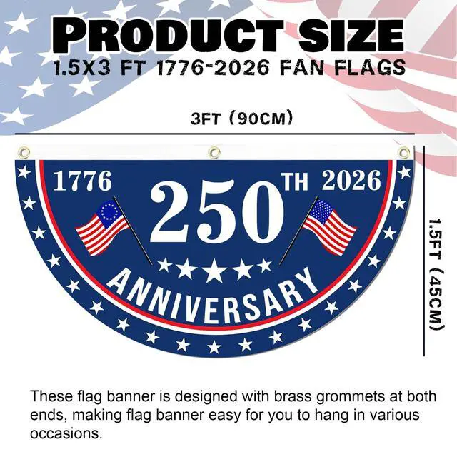 Alt view image 2 of 7 - 2PCS USA Anniversary 250th Flag, 1.5X3 FT Anniversary Fan Flags, Yard Signs Hanging Decor for Outdoor, Front Door, Porch, Welcome Backdrop with Brass Grommets (Style 1)