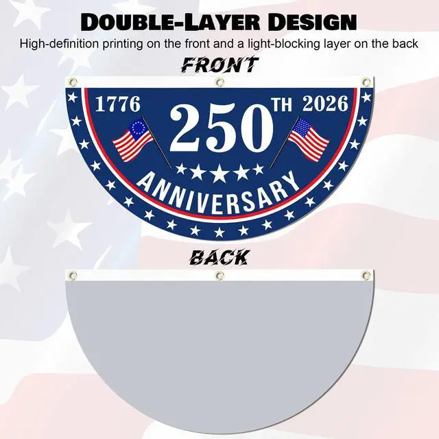 Alt view image 3 of 7 - 2PCS USA Anniversary 250th Flag, 1.5X3 FT Anniversary Fan Flags, Yard Signs Hanging Decor for Outdoor, Front Door, Porch, Welcome Backdrop with Brass Grommets (Style 1)