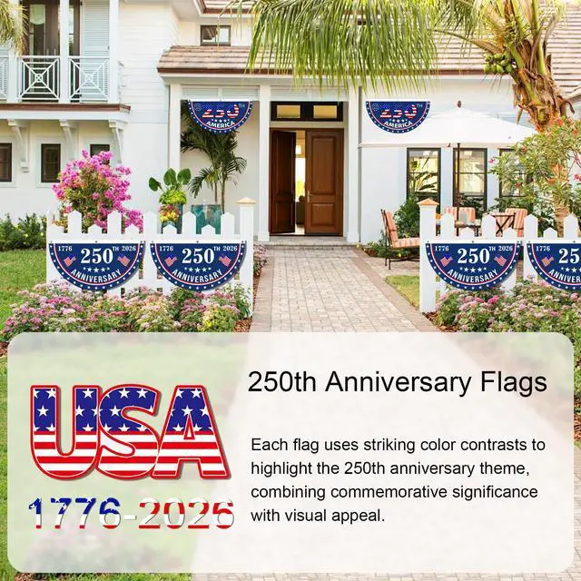 Alt view image 4 of 7 - 2PCS USA Anniversary 250th Flag, 1.5X3 FT Anniversary Fan Flags, Yard Signs Hanging Decor for Outdoor, Front Door, Porch, Welcome Backdrop with Brass Grommets (Style 1)