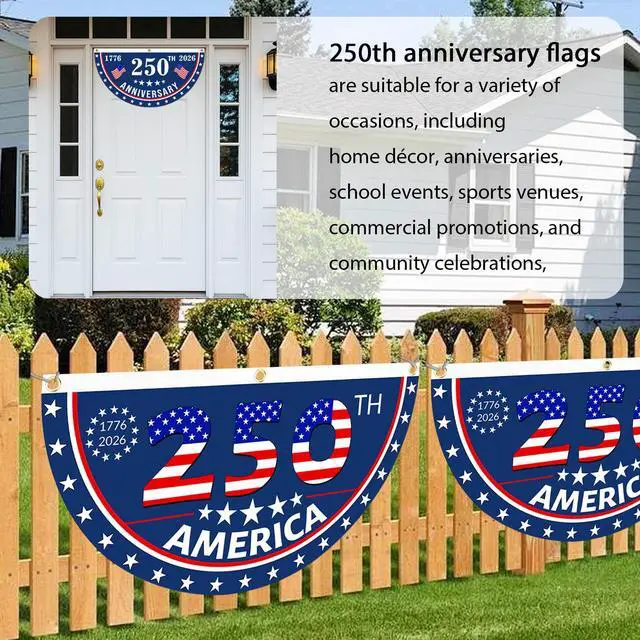 Alt view image 7 of 7 - 2PCS USA Anniversary 250th Flag, 1.5X3 FT Anniversary Fan Flags, Yard Signs Hanging Decor for Outdoor, Front Door, Porch, Welcome Backdrop with Brass Grommets (Style 1)