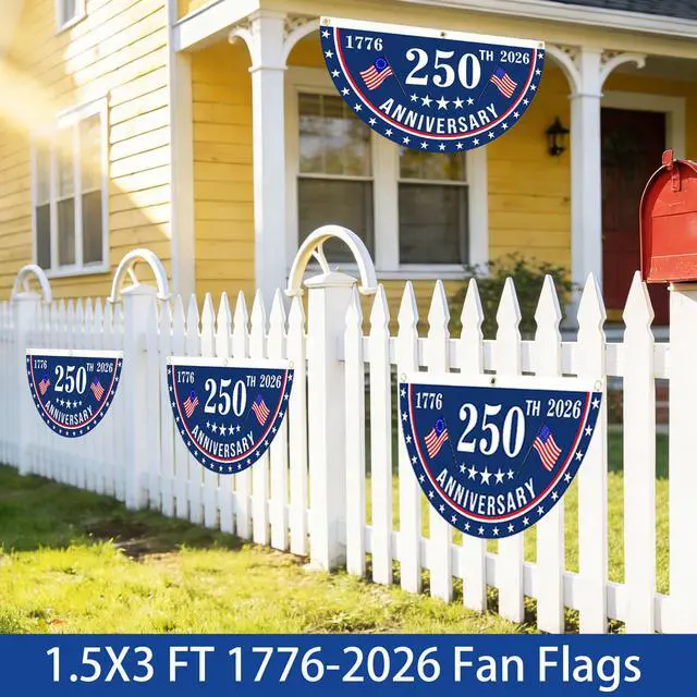 Alt view image 6 of 7 - 2PCS USA Anniversary 250th Flag, 1.5X3 FT Anniversary Fan Flags, Yard Signs Hanging Decor for Outdoor, Front Door, Porch, Welcome Backdrop with Brass Grommets (Style 1)