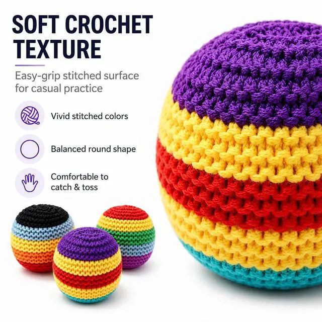 Alt view image 3 of 7 - 3 Pack Footbags, Colorful Crochet Footbag Set for Beginners, Soft Knit Foot Bag Balls for Freestyle Kicks, Juggling Practice, Party Favors, Outdoor Games, Travel & Backyard Play (3)