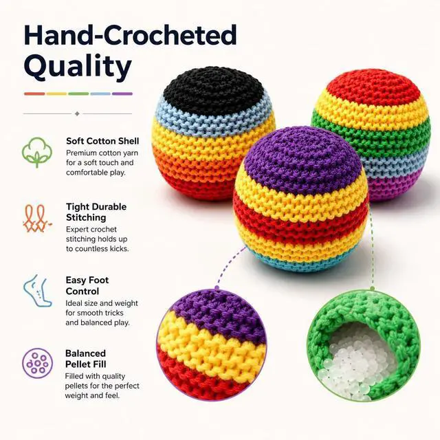 Alt view image 5 of 7 - 3 Pack Footbags, Colorful Crochet Footbag Set for Beginners, Soft Knit Foot Bag Balls for Freestyle Kicks, Juggling Practice, Party Favors, Outdoor Games, Travel & Backyard Play (3)