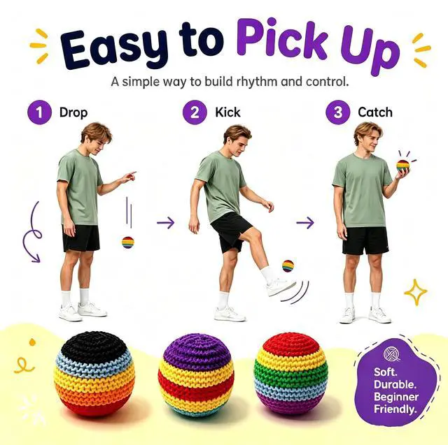 Alt view image 7 of 7 - 3 Pack Footbags, Colorful Crochet Footbag Set for Beginners, Soft Knit Foot Bag Balls for Freestyle Kicks, Juggling Practice, Party Favors, Outdoor Games, Travel & Backyard Play (3)