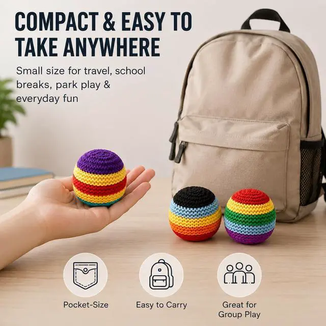 Alt view image 6 of 7 - 3 Pack Footbags, Colorful Crochet Footbag Set for Beginners, Soft Knit Foot Bag Balls for Freestyle Kicks, Juggling Practice, Party Favors, Outdoor Games, Travel & Backyard Play (3)