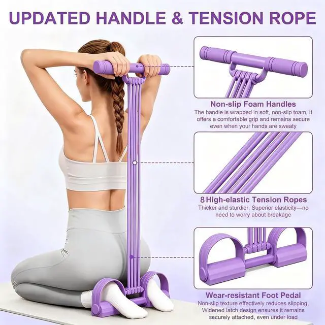 Alt view image 2 of 7 - 3-in-1 Pedal Resistance Band with Handle, 8-Tube Exercise Bands with Handles, Detachable Multifunctional Resistance Bands for Ab/Waist/Arm/Leg Stretching & Workout (Purple)