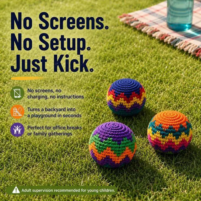 Alt view image 5 of 5 - Crochet Hacky Kick Sack Balls, 3-Pack Assorted Colors & Geometric Patterns. for Adults, Teens & Beginners. Ideal for Juggling, Coordination, Outdoor Play, Party Games & Portable Toss