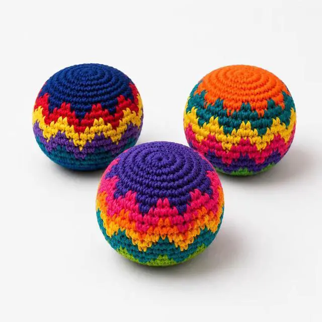 Main image of Crochet Hacky Kick Sack Balls, 3-Pack Assorted Colors & Geometric Patterns. for Adults, Teens & Beginners. Ideal for Juggling, Coordination, Outdoor Play, Party Games & Portable Toss