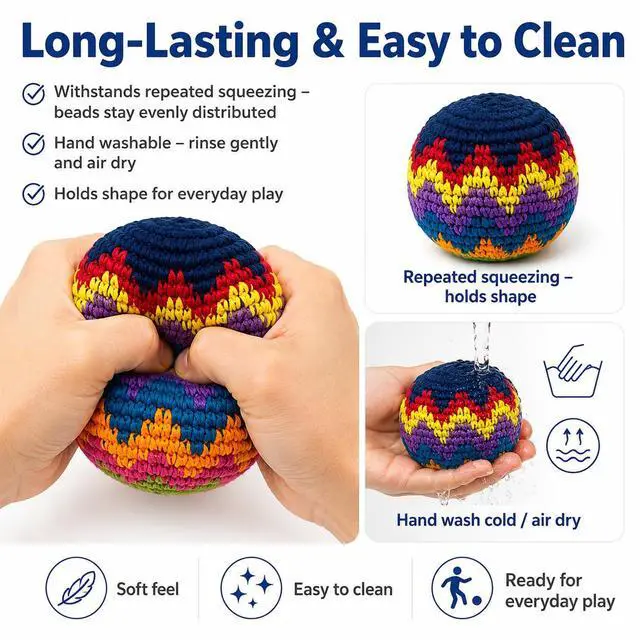 Alt view image 2 of 5 - Crochet Hacky Kick Sack Balls, 3-Pack Assorted Colors & Geometric Patterns. for Adults, Teens & Beginners. Ideal for Juggling, Coordination, Outdoor Play, Party Games & Portable Toss