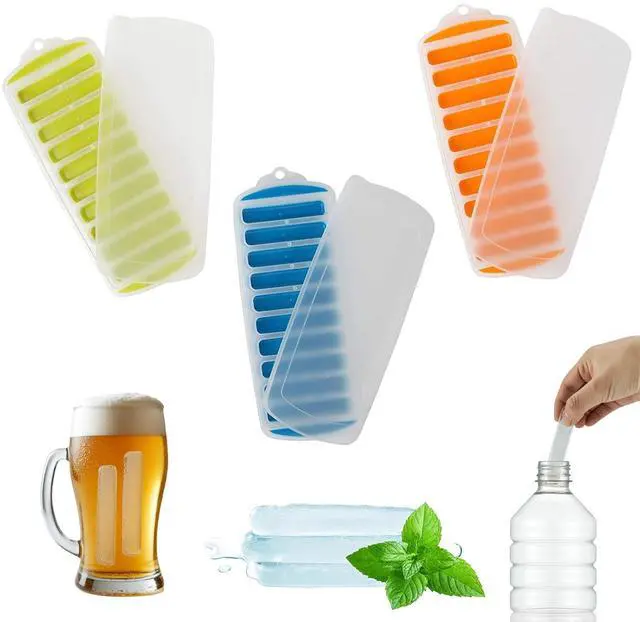 Main image of Water Bottle Ice Cube Tray - Silicone Ice Stick Set with Lids - 3 Skinny Reusable Trays, 30 Long Sticks for Bottles