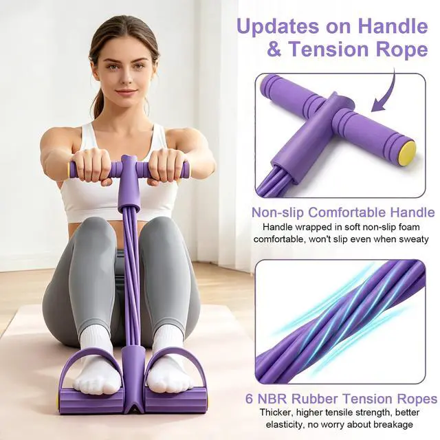 Alt view image 5 of 7 - Pedal Resistance Band with Handle, 6-Tubes Tesistance Bands with Handles, Natural Rubber Foot Pedal Resistance Band, Multifunctional Exercise Bands for Abdomen, Waist, Arm, Leg - Purple