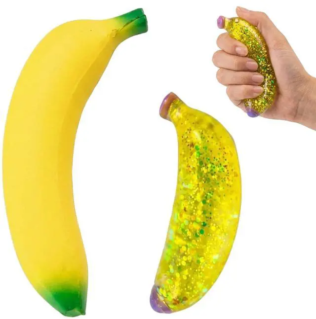 Main image of 2 PCS Banana Squishies, Giant Banana Squishies with Sparkle Glitter, Stress Relief Sensory Tool for Office Desk, Including Jumbo Bananas Stress Ball and Sparkle Bananas Stress Ball, 7'' and 5''