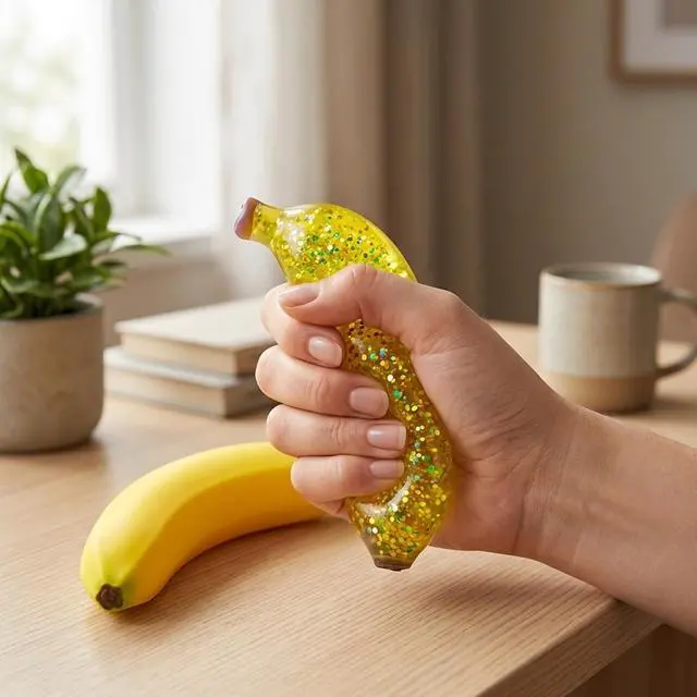 Alt view image 5 of 7 - 2 PCS Banana Squishies, Giant Banana Squishies with Sparkle Glitter, Stress Relief Sensory Tool for Office Desk, Including Jumbo Bananas Stress Ball and Sparkle Bananas Stress Ball, 7'' and 5''