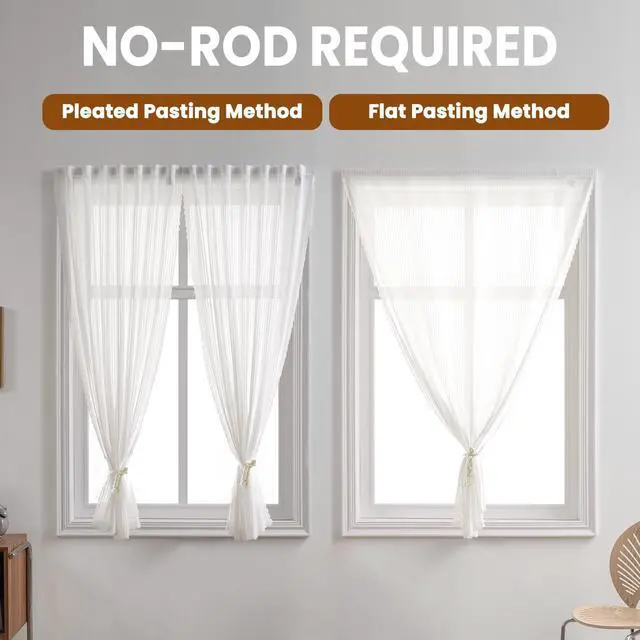 Alt view image 6 of 7 - Self Adhesive White Gauze Sheer Curtains, Light-Filter Privacy Fabric, Foldable Hook-&-Loop Curtain No Drilling (44" W x 41" L,White,2 Panels)