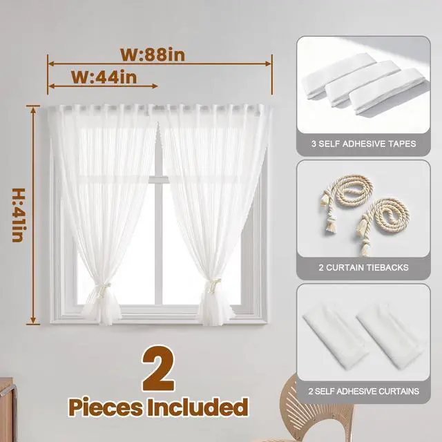 Alt view image 2 of 7 - Self Adhesive White Gauze Sheer Curtains, Light-Filter Privacy Fabric, Foldable Hook-&-Loop Curtain No Drilling (44" W x 41" L,White,2 Panels)