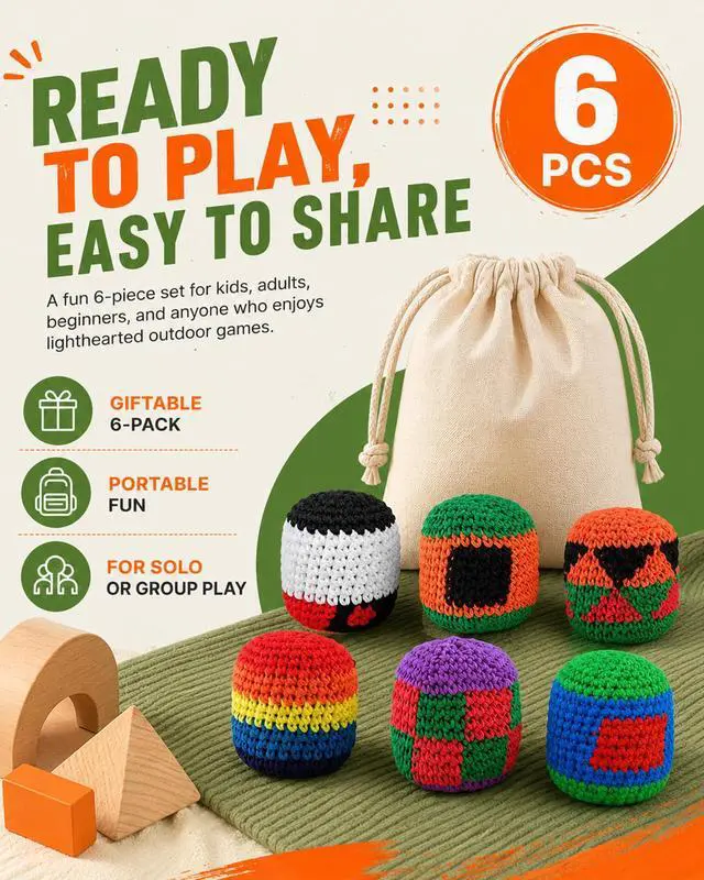 Alt view image 3 of 7 - 6PCS 2026 Upgraded Handmade Knitted Footbag,Multicolored Geometric Crochet Juggling Balls,Soft Cotton Ready-to-Use Footbags for Adults Beginners Outdoor Leisure Play(Random Color)