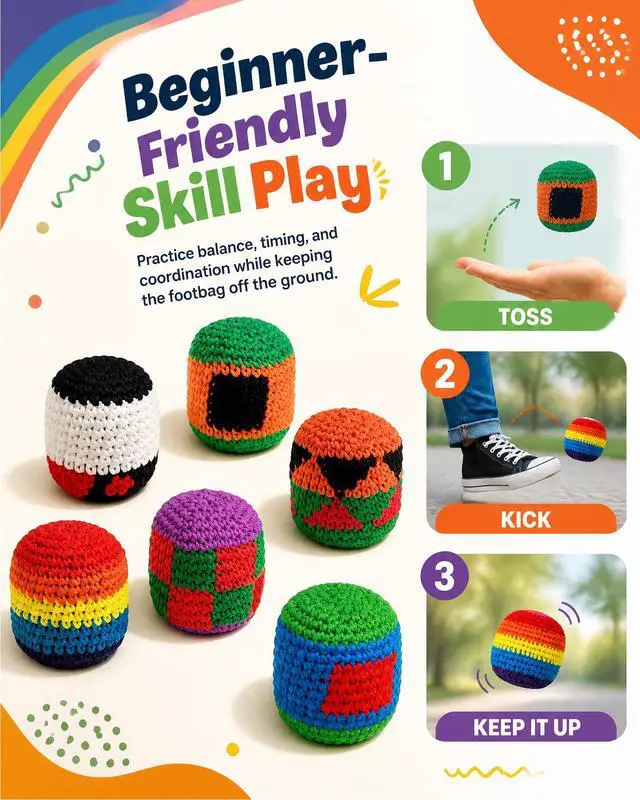 Alt view image 6 of 7 - 6PCS 2026 Upgraded Handmade Knitted Footbag,Multicolored Geometric Crochet Juggling Balls,Soft Cotton Ready-to-Use Footbags for Adults Beginners Outdoor Leisure Play(Random Color)