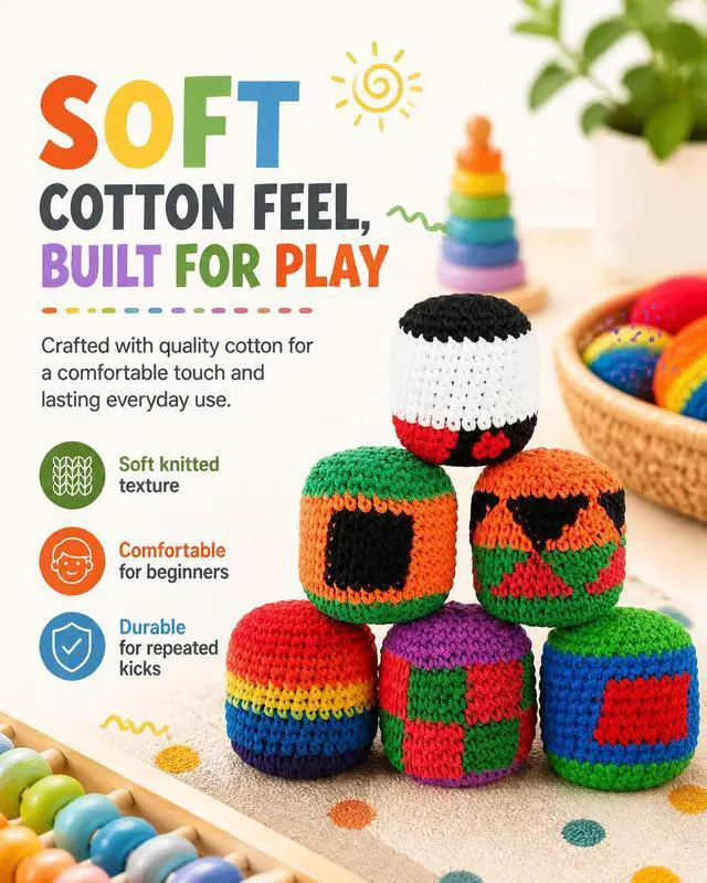 Alt view image 4 of 7 - 6PCS 2026 Upgraded Handmade Knitted Footbag,Multicolored Geometric Crochet Juggling Balls,Soft Cotton Ready-to-Use Footbags for Adults Beginners Outdoor Leisure Play(Random Color)