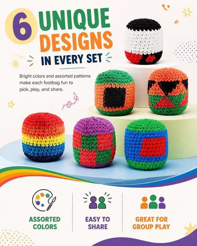 Alt view image 5 of 7 - 6PCS 2026 Upgraded Handmade Knitted Footbag,Multicolored Geometric Crochet Juggling Balls,Soft Cotton Ready-to-Use Footbags for Adults Beginners Outdoor Leisure Play(Random Color)