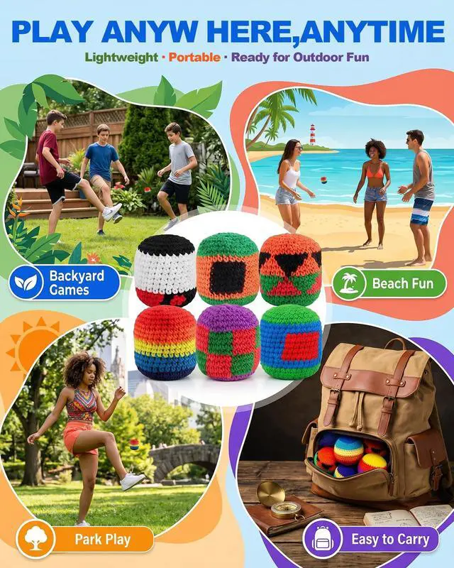 Alt view image 7 of 7 - 6PCS 2026 Upgraded Handmade Knitted Footbag,Multicolored Geometric Crochet Juggling Balls,Soft Cotton Ready-to-Use Footbags for Adults Beginners Outdoor Leisure Play(Random Color)