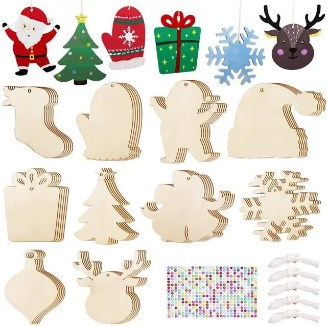 Main image of 50 Pcs DIY Wooden Ornaments Christmas Wooden Ornaments Making Kit Christmas Crafts with Wax Rope and Rhinestone Stickers for Christmas Decoration and DIY Ornaments Making