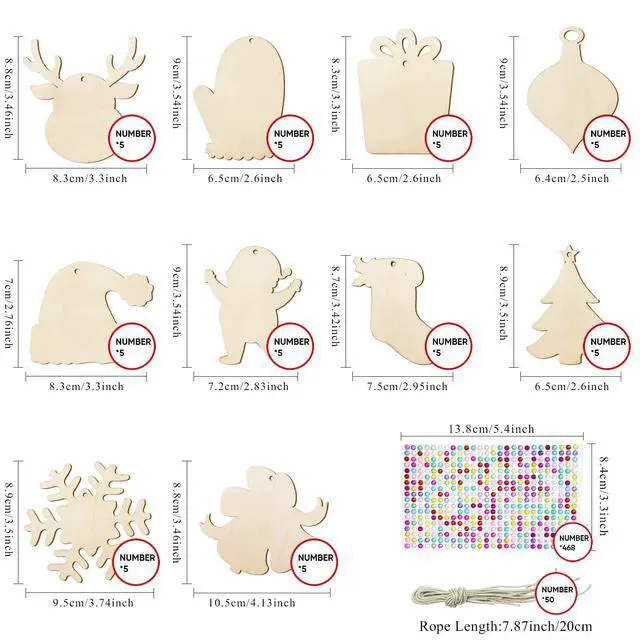 Alt view image 2 of 6 - 50 Pcs DIY Wooden Ornaments Christmas Wooden Ornaments Making Kit Christmas Crafts with Wax Rope and Rhinestone Stickers for Christmas Decoration and DIY Ornaments Making
