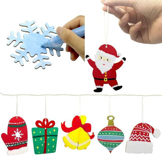 Alt view image 4 of 6 - 50 Pcs DIY Wooden Ornaments Christmas Wooden Ornaments Making Kit Christmas Crafts with Wax Rope and Rhinestone Stickers for Christmas Decoration and DIY Ornaments Making