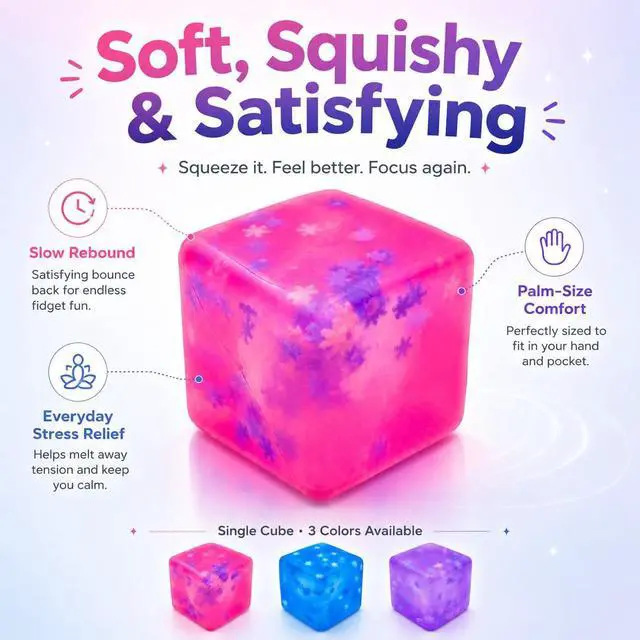 Alt view image 2 of 7 - Stress Cube Squishy Toy, 1.97 Inch Slow Rising Fidget Stress Ball with Snowflake Inside, Silent Anxiety Relief Sensory Toy for Adults & Kids, Leakproof Gift-Ready Squeeze Cube