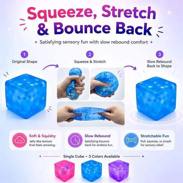 Alt view image 3 of 7 - Stress Cube Squishy Toy, 1.97 Inch Slow Rising Fidget Stress Ball with Snowflake Inside, Silent Anxiety Relief Sensory Toy for Adults & Kids, Leakproof Gift-Ready Squeeze Cube