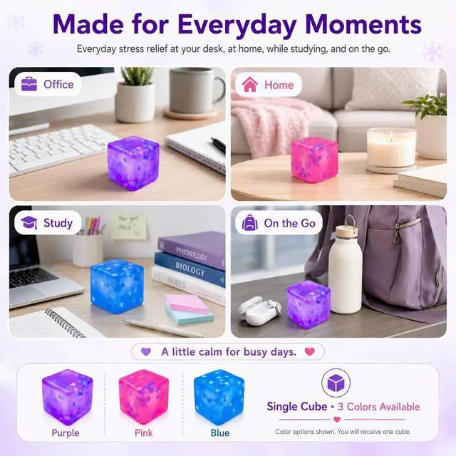 Alt view image 6 of 7 - Stress Cube Squishy Toy, 1.97 Inch Slow Rising Fidget Stress Ball with Snowflake Inside, Silent Anxiety Relief Sensory Toy for Adults & Kids, Leakproof Gift-Ready Squeeze Cube